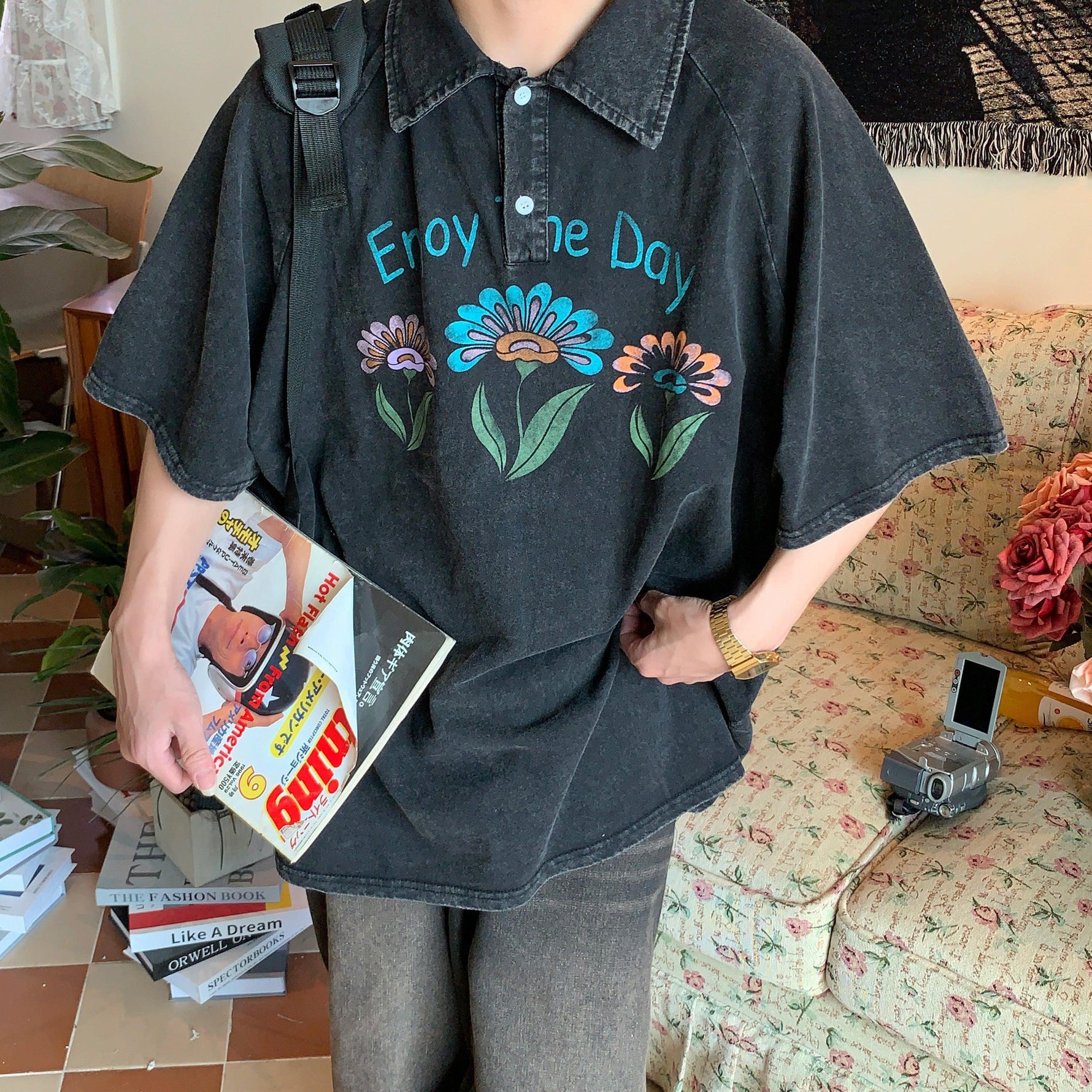 Oversized Washed Floral Polo Shirt