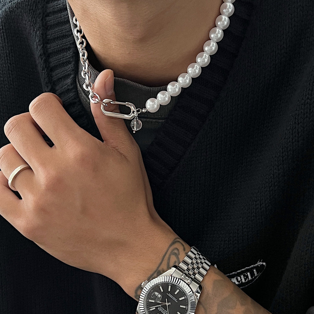 Pearl Stitching Titanium Steel Chain Necklace