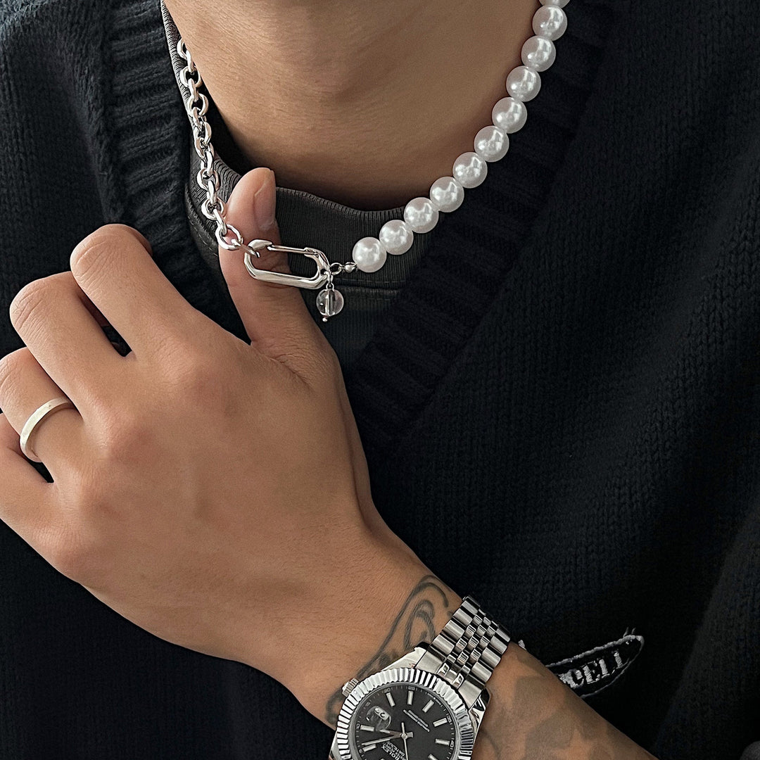 Pearl Stitching Titanium Steel Chain Necklace