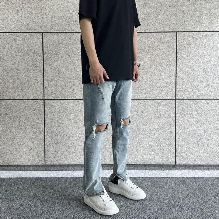 Side Slit Zipper Elastic Ripped Jeans