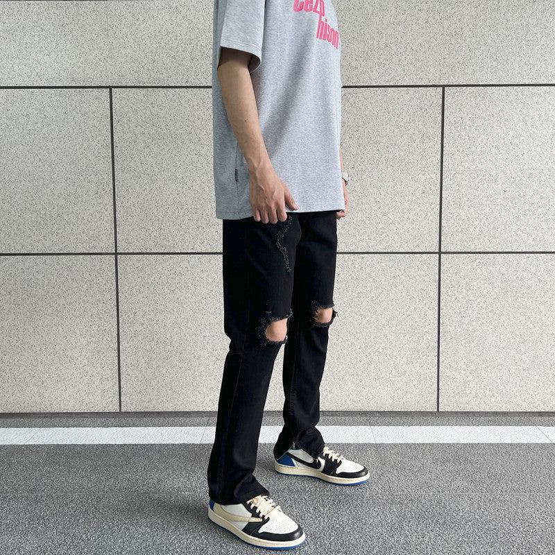 Side Zipper Elastic Ripped Jeans