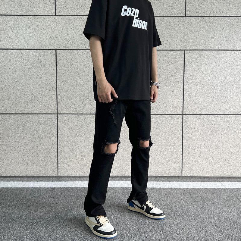 Side Zipper Elastic Ripped Jeans