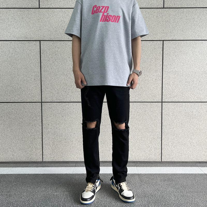 Side Zipper Elastic Ripped Jeans