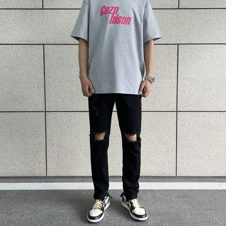 Side Zipper Elastic Ripped Jeans