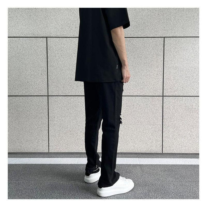 Side Zipper Elastic Ripped Jeans