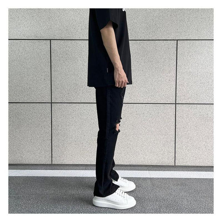 Side Zipper Elastic Ripped Jeans