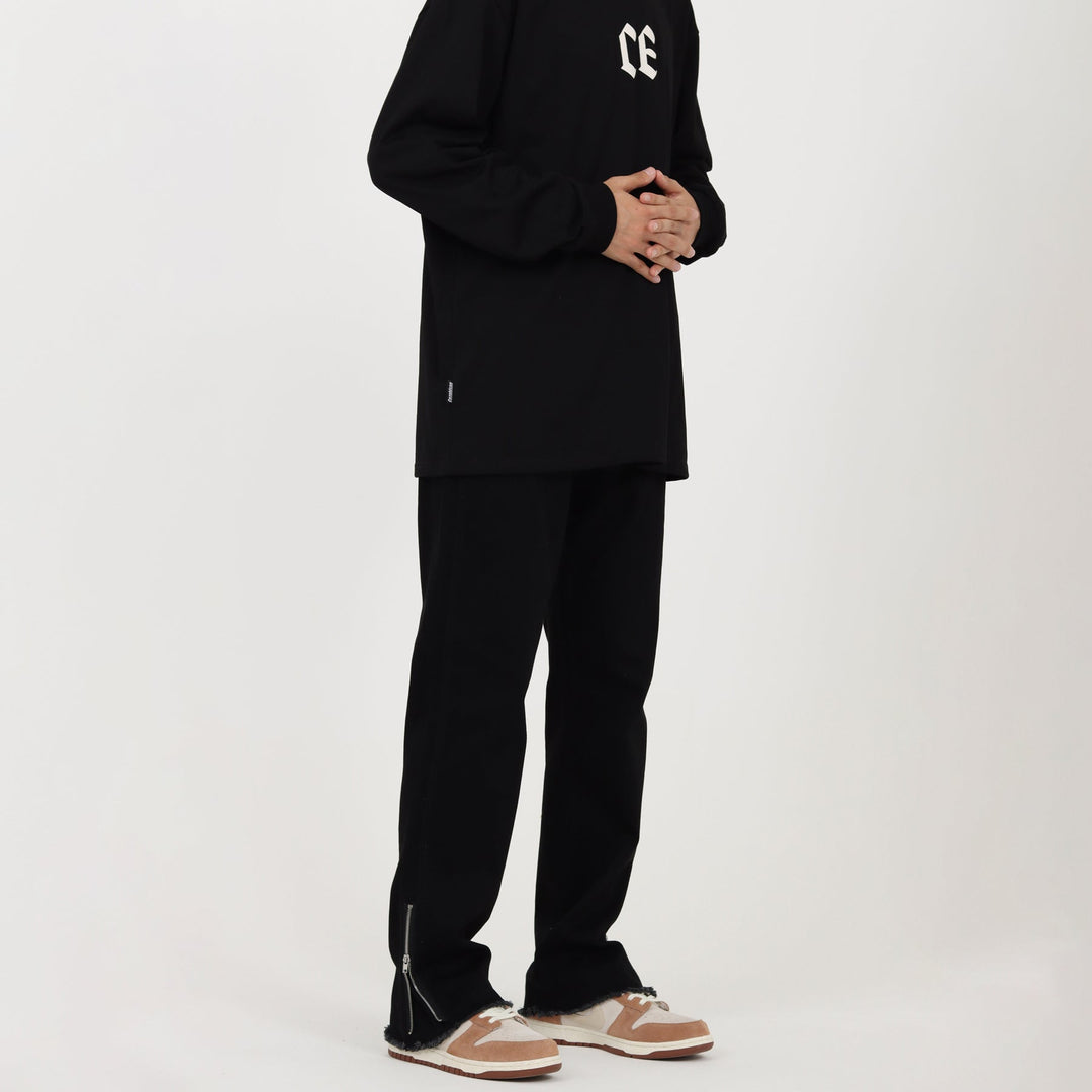 Side Zipper Stretch Washed Black Jeans