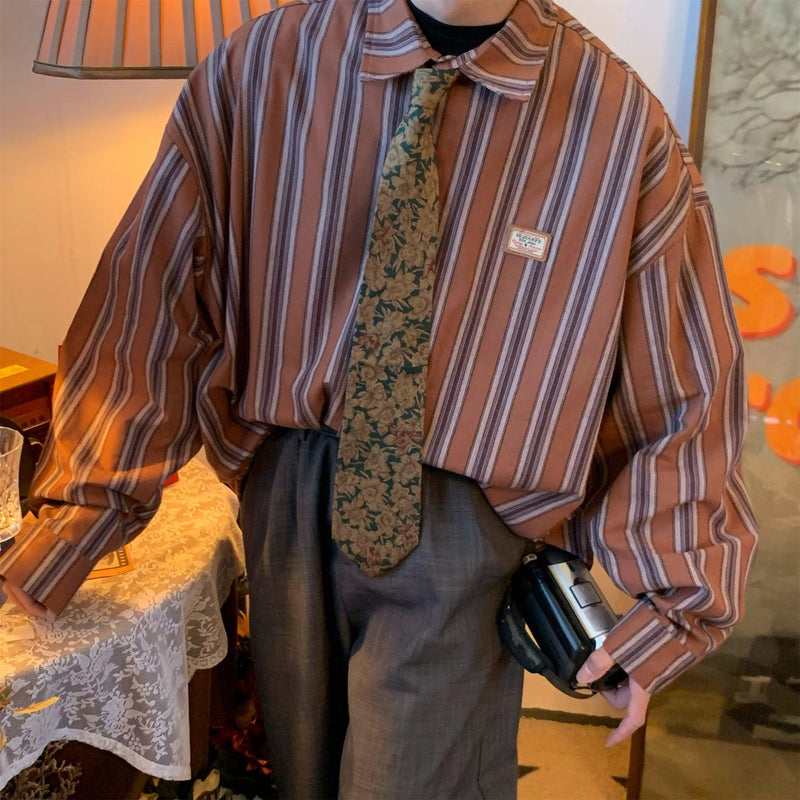 Striped long-sleeved shirt (No tie) – The Korean Fashion