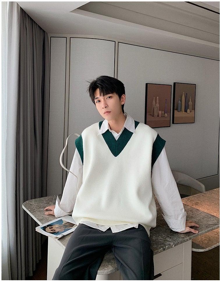 V-Neck Color-Blocking Knitted Vest