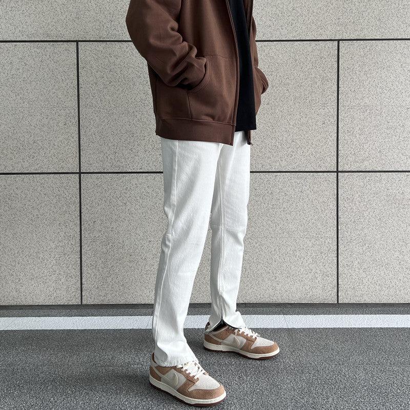 Zipper Side White Straight Jeans